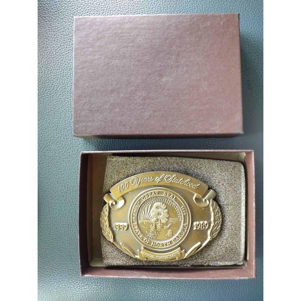 Vintage North Dakota Centennial Belt Buckle 1889-1989 ADM Brass #14374 Rough Cut